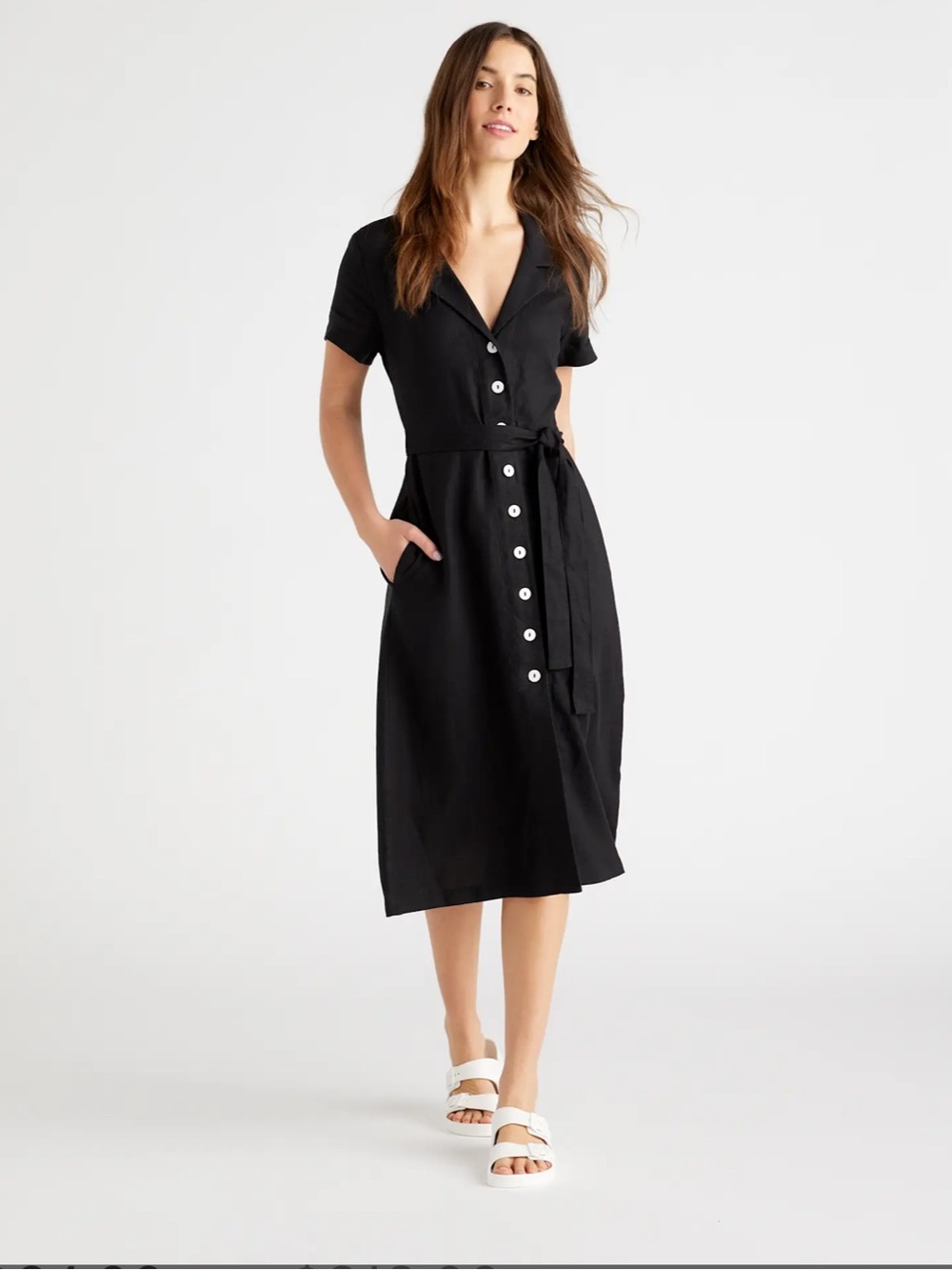 Quince European Linen Button Front Dress Black Small Midi